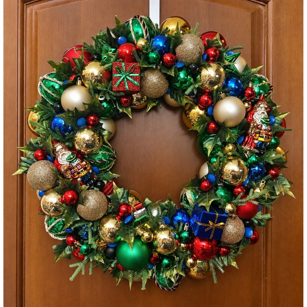 Christmas Ornament Wreath OOAK Handmade Tinsel 21" Upcycled Holiday Decor